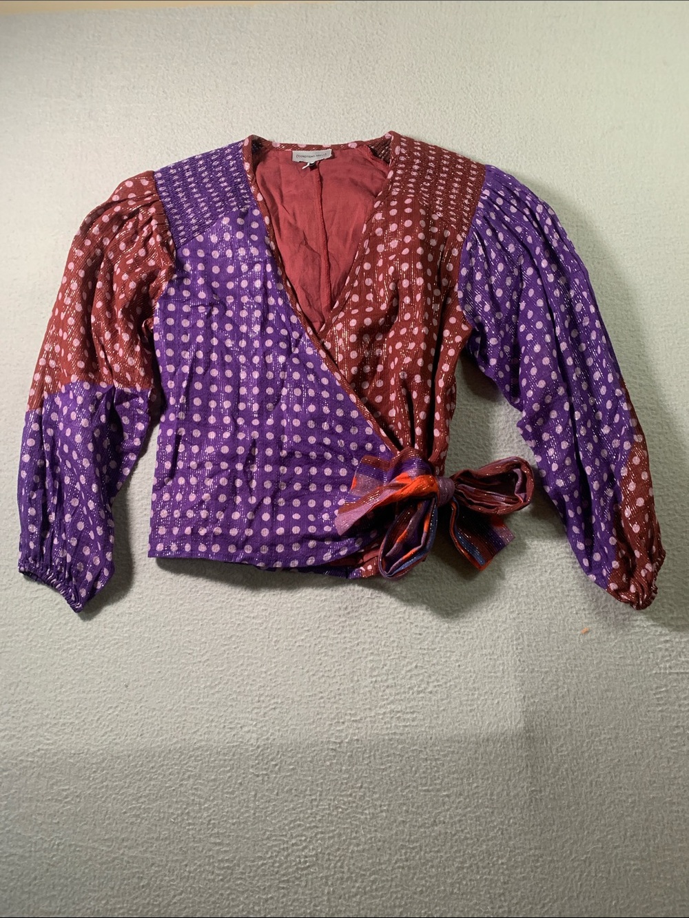 Conditions apply Polka Dot Wrap Blouse in Purple & Red with Tie Waist